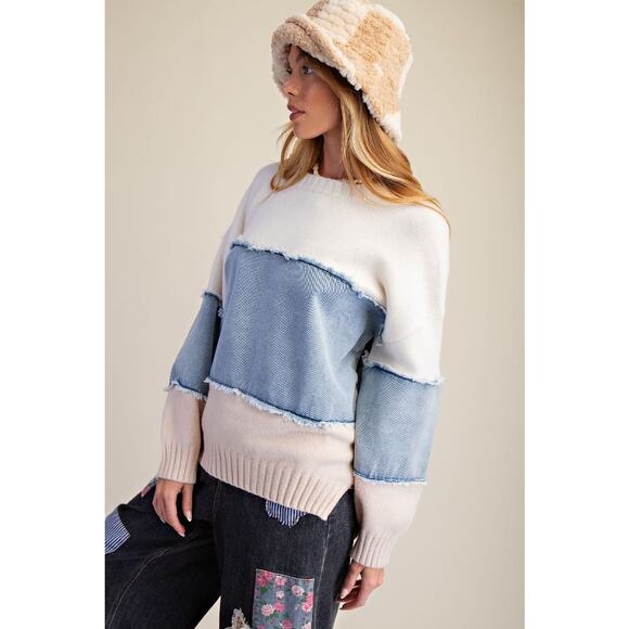 2P3***Easel Color Block Denim Sweater - Picture 2 of 4